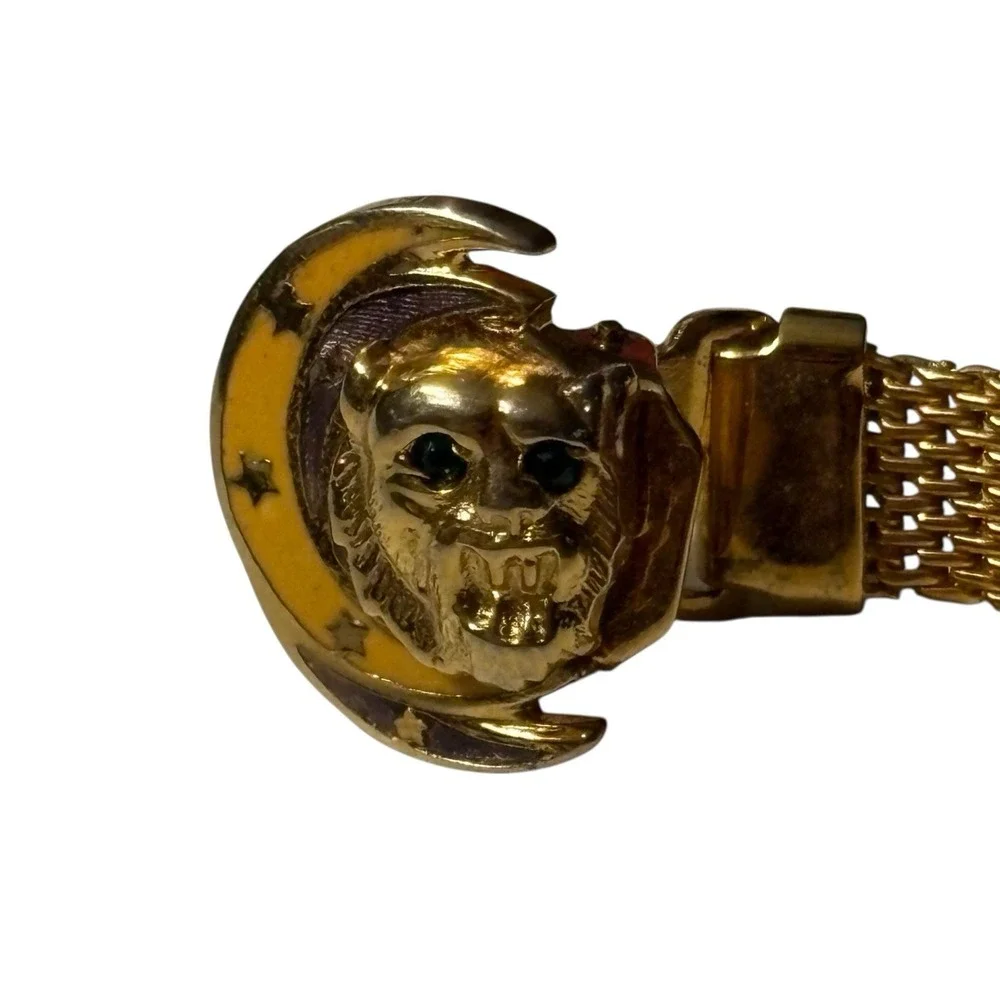 VTG Lion Moon Tie Clip Bar Mesh Wrap Around Celestial Gold Tone Green‎ Eyes MCM